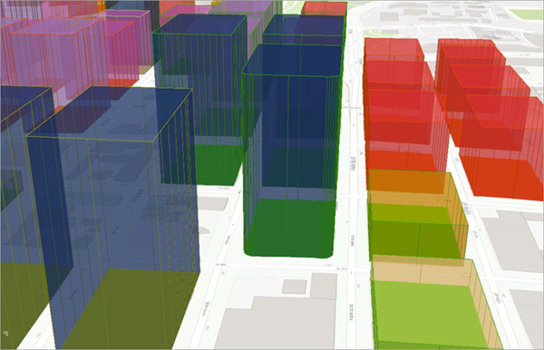 3D view of buildings in various colors