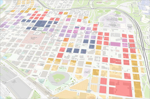 City blocks of San Diego displayed in various colors and shades