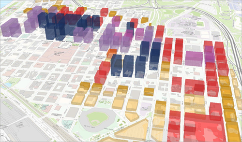 3D view of San Diego with buildings drawn in various colors