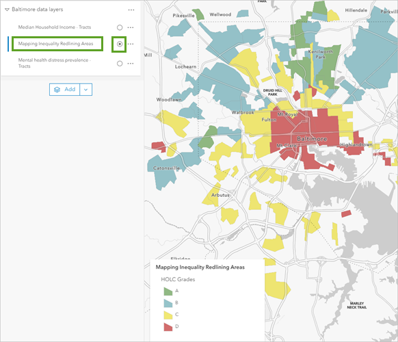 The Mapping Inequality Redlining Areas layer selected in the Layers pane and visible on the map