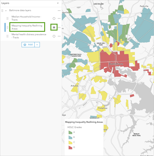 The Mapping Inequality Redlining Areas layer selected in the Layers pane and visible on the map