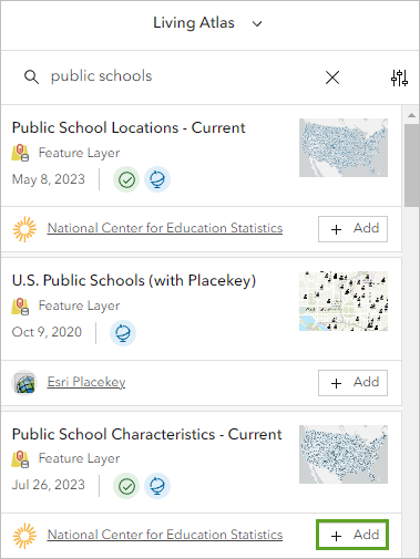 Add button for the Public School Characteristics - Current layer in the Add layer pane
