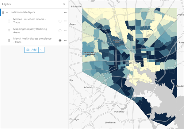 Map showing the Mental health distress prevalence layer and the legend visible at the bottom of the map.