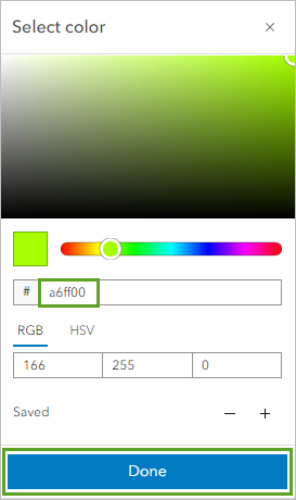 Bright green color in the Select color window and the Done button
