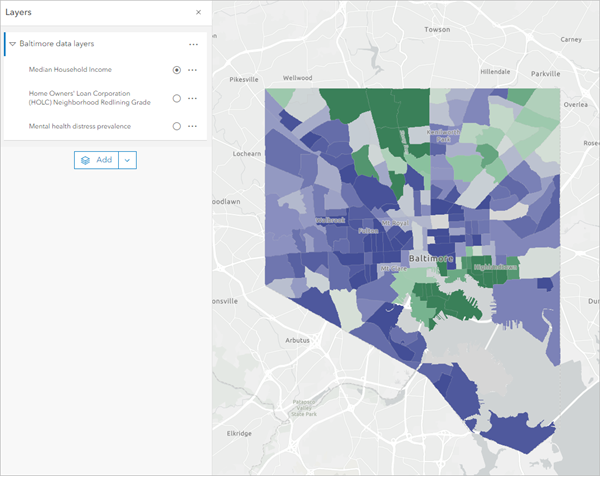 Layers pane with group layer expanded and the map showing the Median Household Income layer