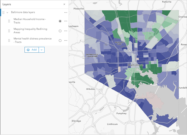 Layers pane with group layer expanded and the map showing the Median Household Income layer