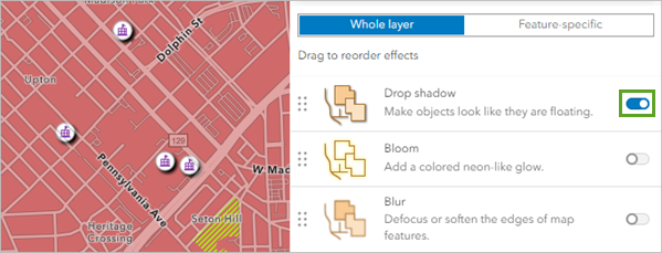 Drop shadow turned on in the Effects pane and the style for the Public Schools Current - Characteristics layer updates on the map