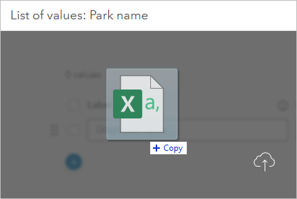 The ParkNames .csv file being dragged to the List of values window
