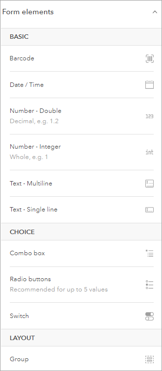 Form elements list