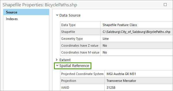 Spatial Reference heading in the Shapefile Properties window