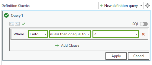 Definition query Carto is less than or equal to 2.