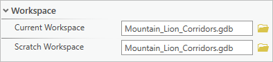 Current Workspace and Scratch Workspace are set to Mountain_Lion_Corridors.gdb.