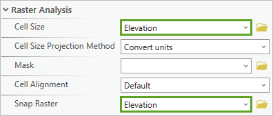 Cell Size and Snap Raster set to Elevation