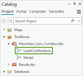LeastCostAnalysis model in the Mountain_Lion_Corridors.tbx toolbox