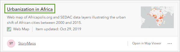The Urbanization in Africa web map title in the search results