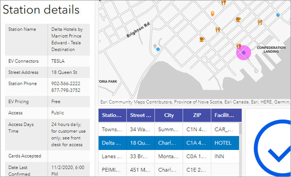 Selected feature in the table, details element, and map