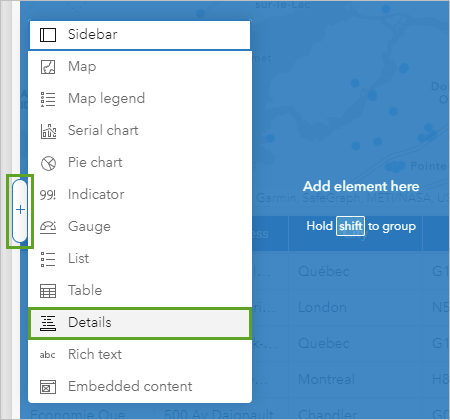 Details in the Add element menu