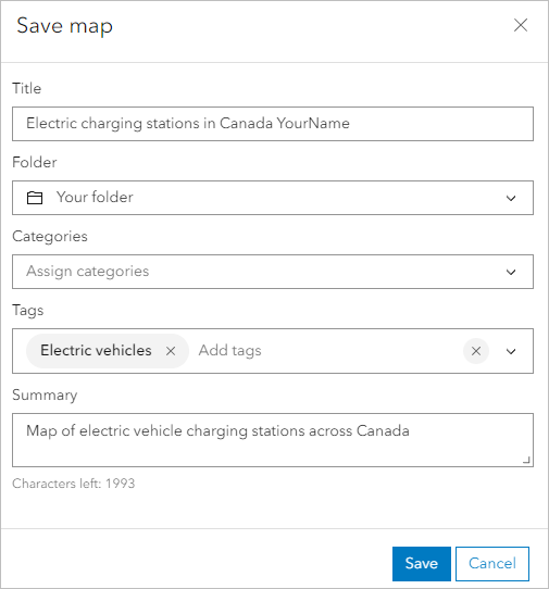 Title field in the Save map window