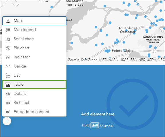 Table in the Add element menu