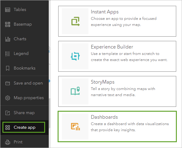 Dashboards option in the Create app menu