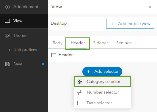 Category selector in the Add selector menu