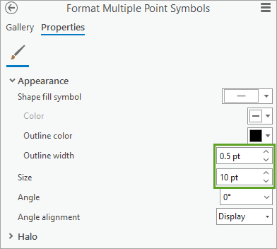 Format symbol Outline width and Size parameters
