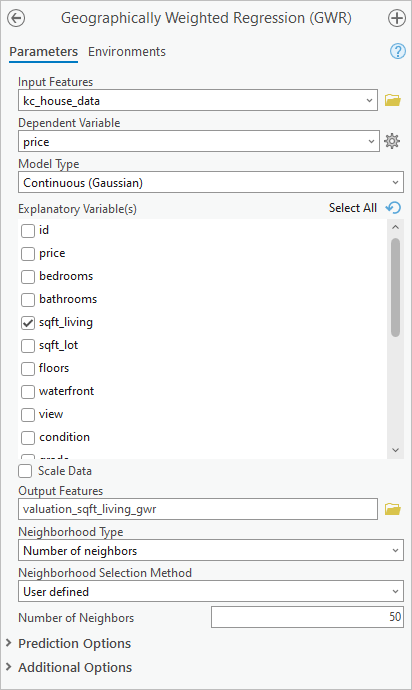 Geographically Weighted Regression tool parameters