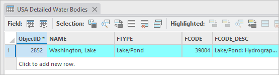 Selected feature shown in table