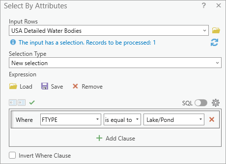 Select layer where feature type is Lake/Pond