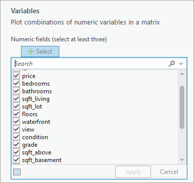 Selected numeric fields for Scatter Plot Matrix