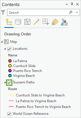 Tsunami Paths layer turned on in the Contents pane.