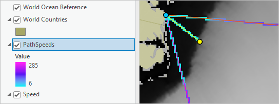 PathSpeeds layer symbolized with the Cyan to Purple color scheme.