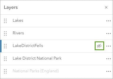 Visibility turned off for the LakeDistrictFells layer in the Layers pane