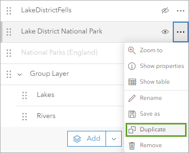 Duplicate in the Options menu for the Lake District National Park layer