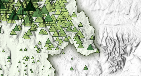 Map with hillshade and green triangle symbols