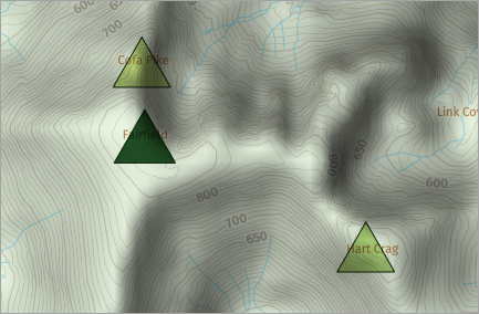 Zoomed in map with contour lines and hillshade