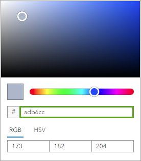 Color picker set to #adb6cc, a gray-blue color