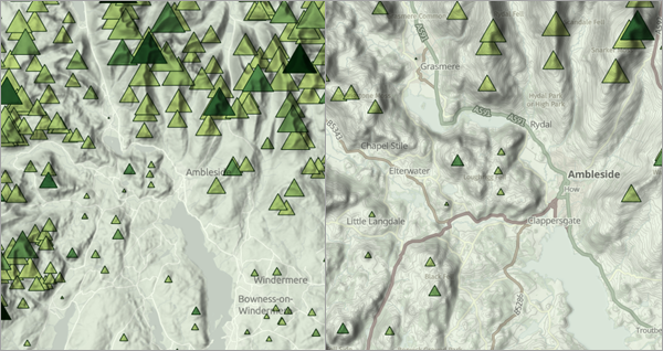 Comparison of the map at two scales with two basemaps