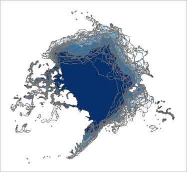 Ice extent data symbolized with bands of blue.