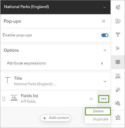 Delete in the Options menu of the Fields list