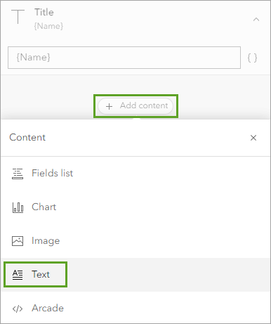 Add content and Text buttons in the Pop-ups pane