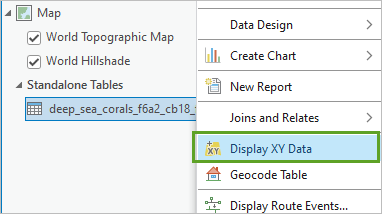 Display XY Data for the deep_sea_corals under Standalone Tables