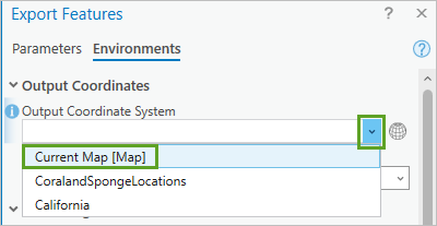 Output Coordinate System set to Current Map [Map] on the Export Features window.