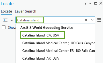 Search result for Catalina Island in the Locate pane