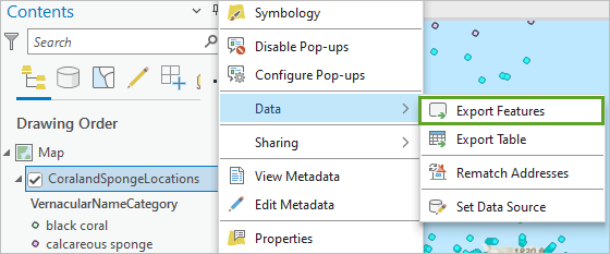 Export Features for Data options for the CoralandSpongeLocations layer