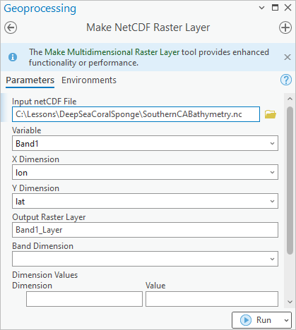 Parameters populate the Make NetCDF Raster Layer tool.