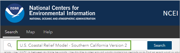 U.S. Coastal Relief Model for Southern California searched in the NCEI Geoportal website