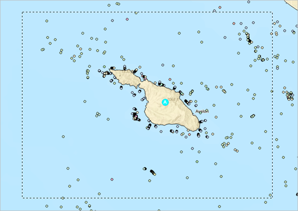 Box dragged around coral and sponge points surrounding Catalina Island with the Select tool activated