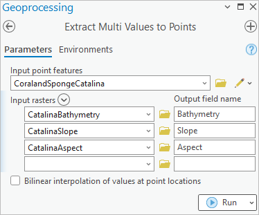 Parameters set in the Extract Multi Values to Points tool pane
