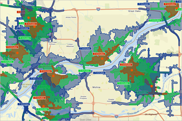 Map showing drive time areas around store locations